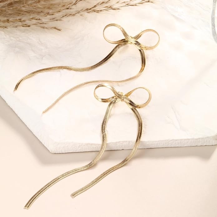 8YEARS Gold Bow Earrings for Women Dainty Ribbon Bow Stud Earrings Gold Dangle Drop Tassel Earrings Long Chain Earrings With 925 Sterling Silver Post Trendy Jewelry Gift (Long Gold Chain Tassel)
