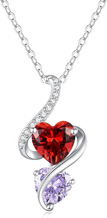 LOUISA SECRET Unique Double Heart Necklace Gifts for Wife Women, 925 Sterling Silver Tiny Birthstone Pendant Jewelry Gift for Her Girlfriend Mom Valentine's Day Anniversary Mother's Day Birthdays & Christmas