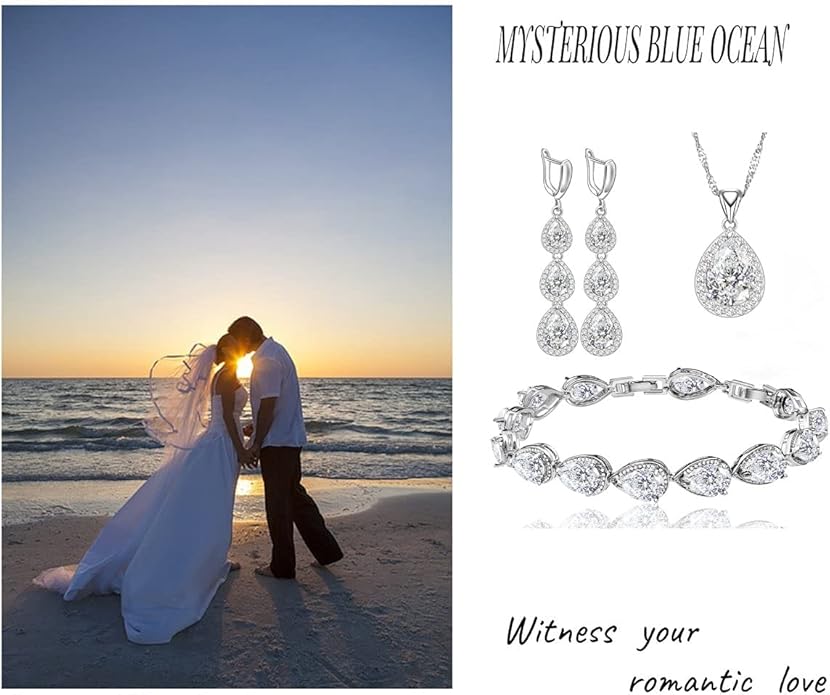 LMXXVJ Necklace Long Earrings Bracelet Set, White Gold Plated Created Blue Sapphire Jewelry Set Wedding Party Gift Jewelry for Women Bridal Bridesmaid