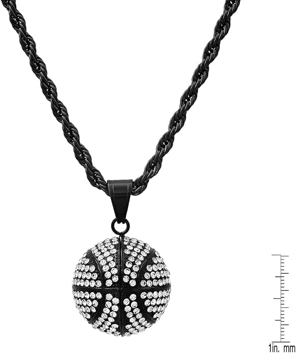 Basketball Necklace - 18K Plated Basketball Chain with Hoop for Men, Women, Teens - Gold, Silver & Black Color Options - Stainless Steel Sports Pendant with Simulated Diamond CZ Stones
