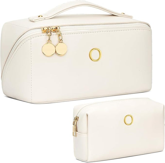 Birthday Gifts for Women Teen Girl, Personalized Initial Makeup Organizer Bag Set, Open Flat Travel Cosmetic Bag With Clear Divider and Handle(Beige,O)