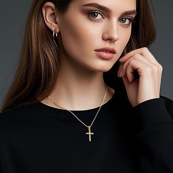 14K Gold Plated Cross Necklace for Women Small Cross Necklace for Women 14K Gold Plated Necklaces for Womens Trendy Modern Minimalist Inspiration Golden Plated Jewelry for Womens Crosses Pendant (A-Cross)