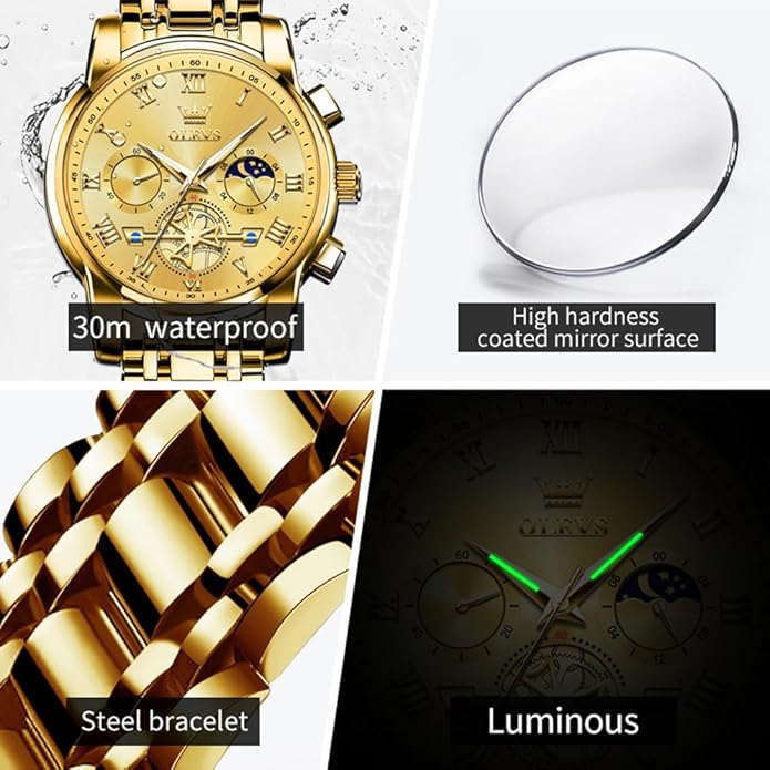 OLEVS Mens Watches Waterproof Stainless Steel Adjustable Bracelet Watch Quartz Analog Watch for Men Fashion Business Classic Mens's Wrist watch's Casual Watches Gold/Blue/Black/White/Face/Dial