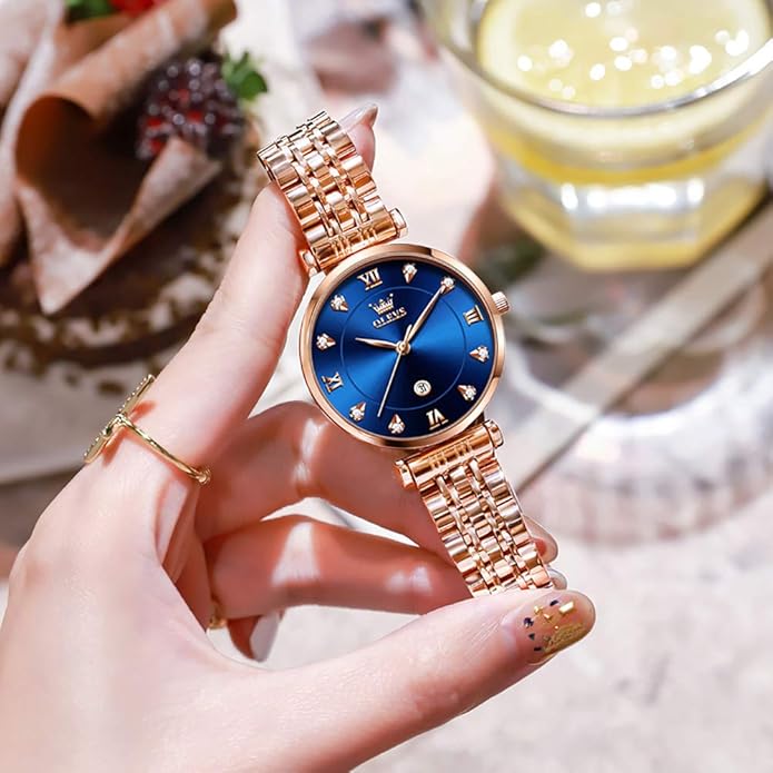 OLEVS Women Watches Simple Dress Ladies Watch Rose Gold Stainless Steel Watch Waterproof Quartz Date Luxury Diamond Small Wristwatch Fashion Analog Female Reloj Mujer Blue White Green Red Yellow Face