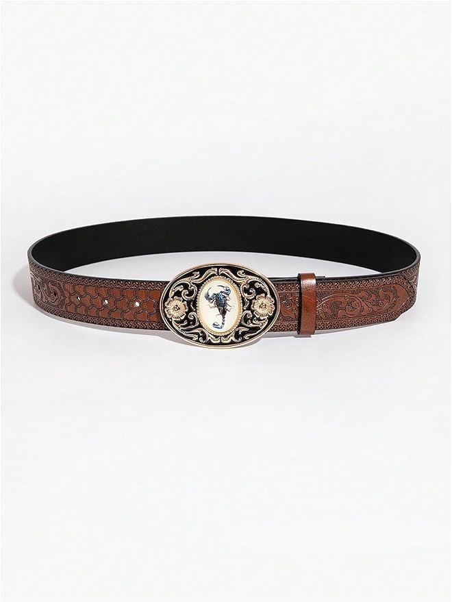 Women's Floral Embroidery Genuine Leather Belt Vintage Square Buckle