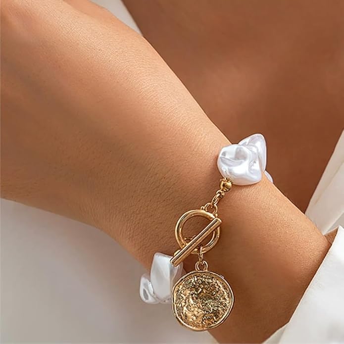 14K Gold OT Buckle Coin Pearl Paperclip Stacked Bracelet Set for Women, Statement Snake Pearl Paper Clip Bracelets Stack Dainty Prom Party Jewelry Gift