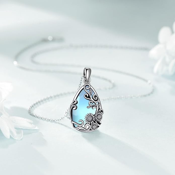 YFN Black Obsidian/Moonstone/Turquoise/Moss Agate Sunflower Filigree Teardrop Pendant Necklace Jewelry for Women - 925 Sterling Silver