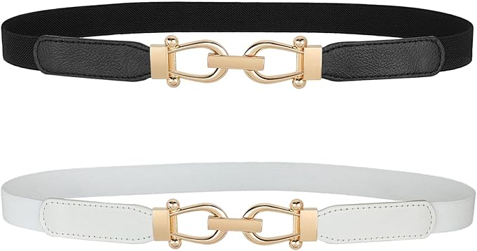 JASGOOD Women Skinny Elastic Belt for Dresses,Thin Retro Stretch Waist Belt with Golden Buckle