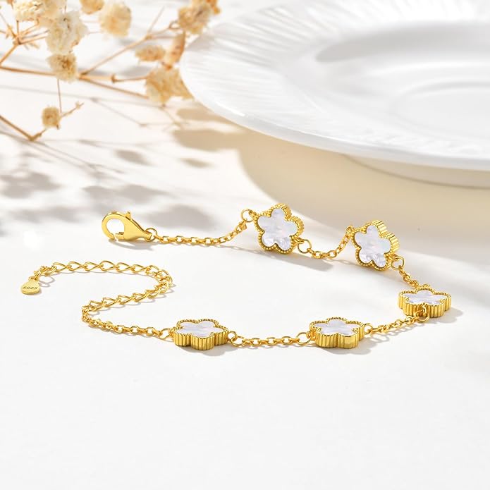 925 Sterling Silver Four Leaf Clover Bracelet for Women - 14K Gold Plated Flower Four Leaf Women's Lucky Bracelet Adjustable Link Chain Bracelets Charm Trendy Design Dainty Jewelry Gifts for Women
