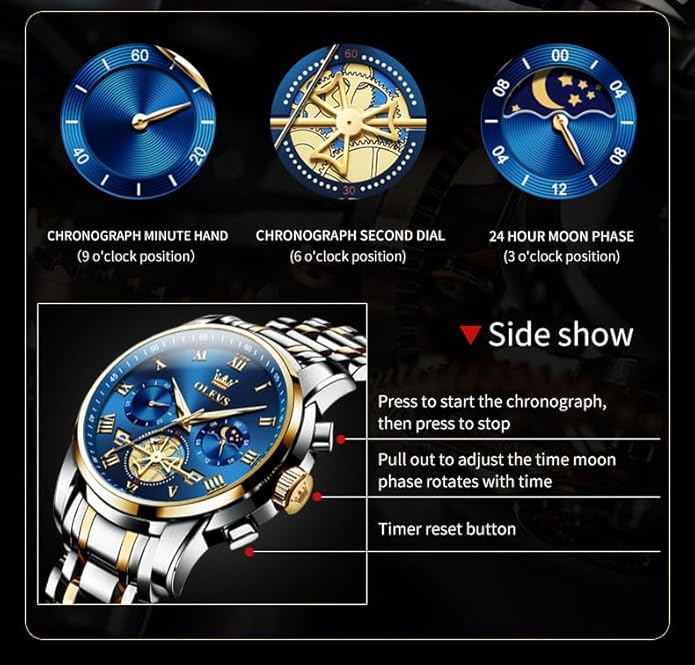 OLEVS Watches Men Waterproof Luxury Big Face Mens Watch Stainless Steel Quartz Analog Dress Watches for Men Luminous Multifunction Man Watch Relojes De Hombre