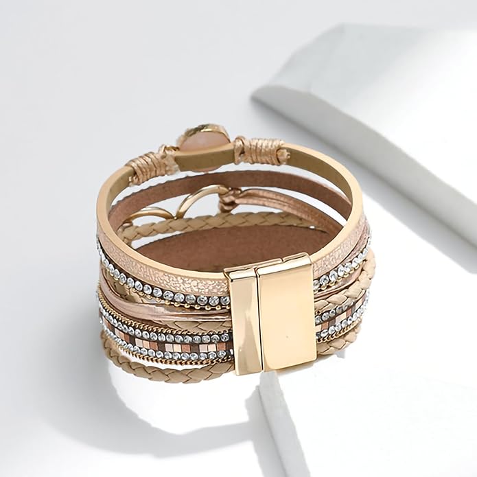 Fesciory Leopard Bracelet for Women, Boho Leather Wrap Multi-Layer Pearl Crystal Bracelet Bangle Jewelry