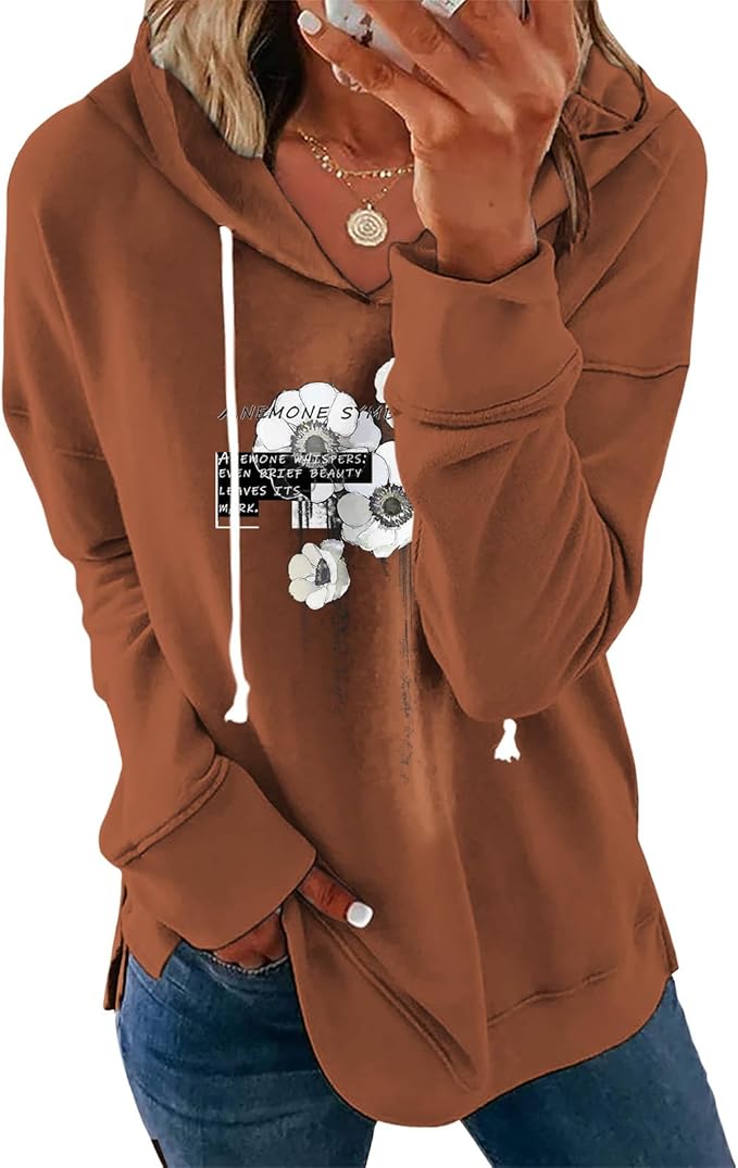 Women's Brown Mandala Print Hoodie Long Sleeve Loose Fit Pullover Sweatshirt With Drawstring For Fall Winter