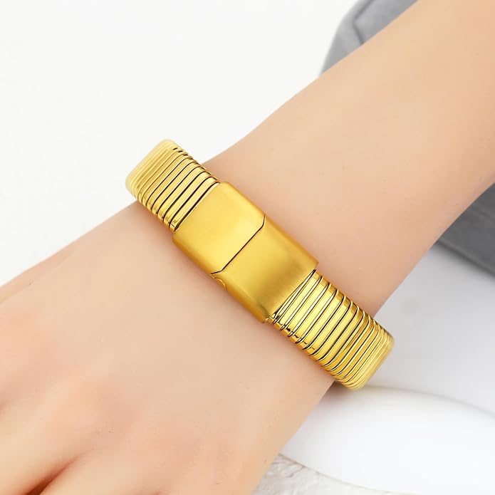 MISS RIGHT Gold Chunky Stretch Snake Chain Bangle Bracelets Stack for Women Trendy, 18K Gold Filled Stainless Steel Stretchy Womens Stackable Wristband Bangles Bracelet Set