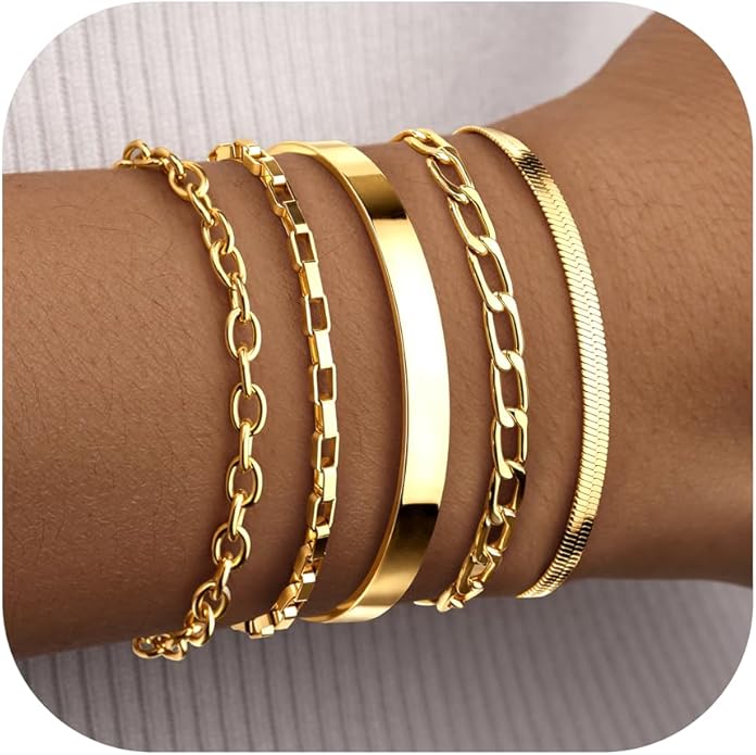 Dainty Thin Gold Bracelet for Women Stack, 14K Gold Plated Bracelet Stackable Set with Bangle Cuff, Box, Herringbone, Paperclip, Figaro, Sparkling Link Chains, Simple Waterproof Non Tarnish Minimalist Gifts for Women Trendy