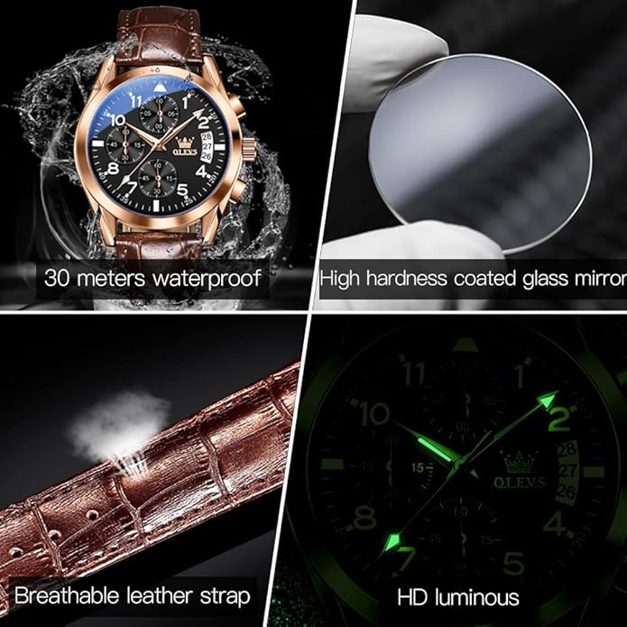 OLEVS Men's Watches Brown Leather with Date,Casual Watches for Men,Large Face Watches Men,Chronograph Mens Watch,Sport Waterproof Business Dress Analog Quartz Men's Wrist Watches Reloj De Hombre