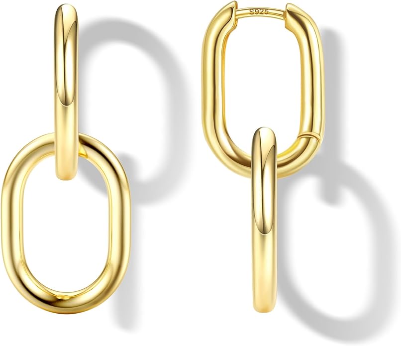 18K Gold Plated Two Tone Gold Silver Hoop Earrings for Women Hypoallergenic - 925 Sterling Silver Drop Dangle Paperclip Huggie Hoop Earrings - Chain Link Dangle Earrings Jewelry