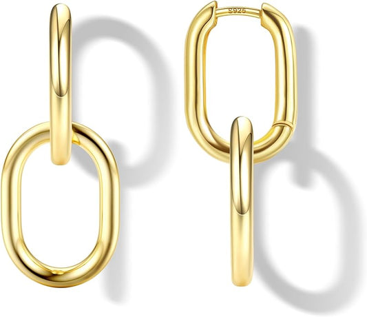 18K Gold Plated Two Tone Gold Silver Hoop Earrings for Women Hypoallergenic - 925 Sterling Silver Drop Dangle Paperclip Huggie Hoop Earrings - Chain Link Dangle Earrings Jewelry