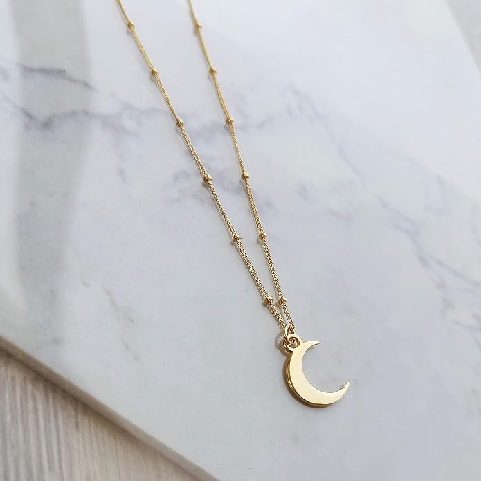 Gold Moon Necklace for Women - Crescent Pendant on a Minimal Gold Filled Satellite Chain - Length 16" + 2" Extender