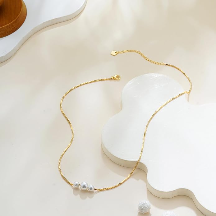 Valentines Day Gifts for Her - 14K Gold Plated Pearl Necklaces for Women Trendy Dainty Necklace Simple Layered Pearl Necklaces for Women Trendy Wedding Birthday Valentines Jewelry