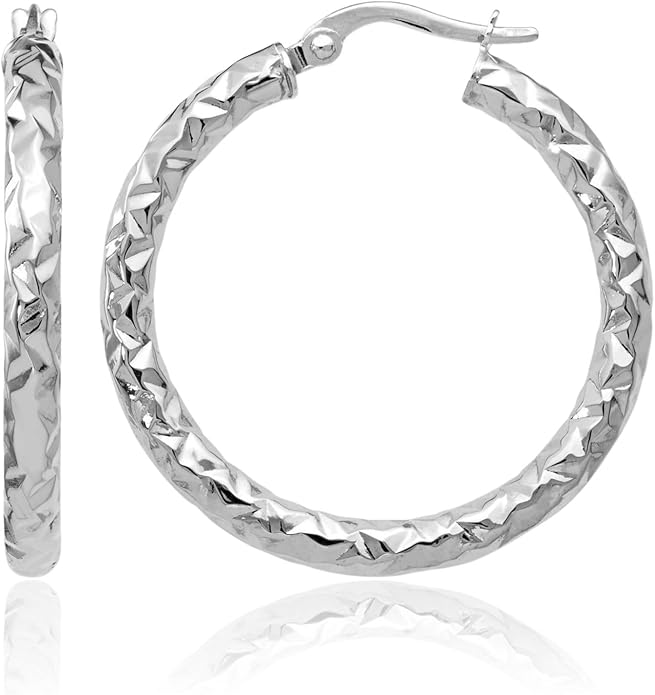 14K White Gold Textured Medium Hoop Earrings Polished Snap Back Secure Rhodium Plated 30mm Round Comfort Lightweight For Women Gift Luxury Italian Jewelry