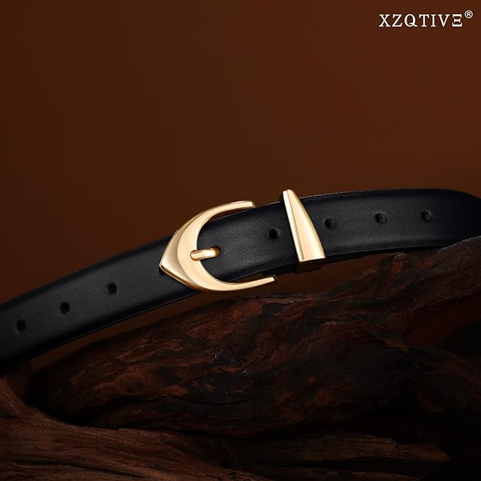 XZQTIVE Women's Leather Belts, Classic Minimalist Design For Jeans Pants Dresses, Black Belt With Gold Buckle