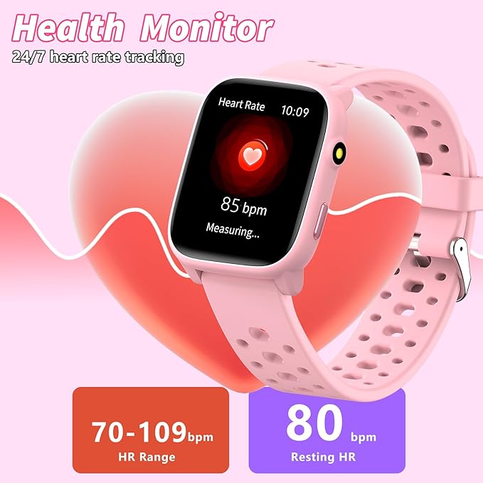 Kids Smart Watches Girls Gift Age 6-12 with 12 Puzzle Games, Heart Rate, Sleep Monitor, Pedometer, Flashlight, 1.83" Touchscreen IP68 Waterproof Kid Watch Brithday Gift for Girls