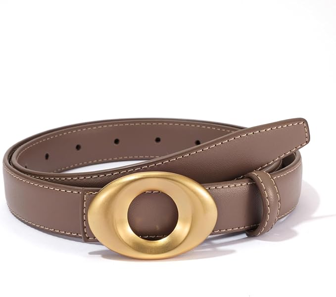 Women's Elegant Casual Genuine Leather Belt with Matte Oval Vintage Gold Buckle for Jeans Pants Dresses