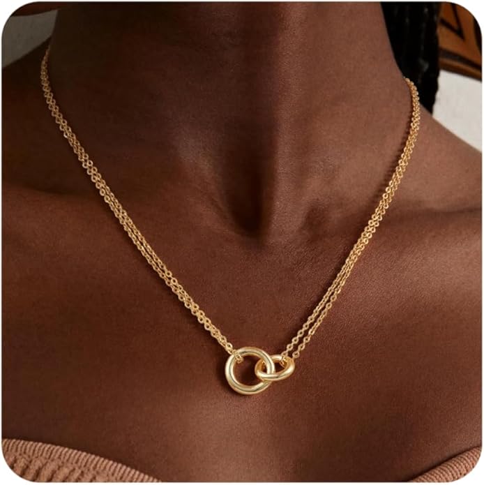 Gold Necklace for Women, Dainty 14K Gold Plated Pendant Necklaces for Women Trendy Simple Choker Chain Cubic Zirconia Circle/Interlocking/Sun Necklace Fashion Jewelry Birthday Christmas Gift