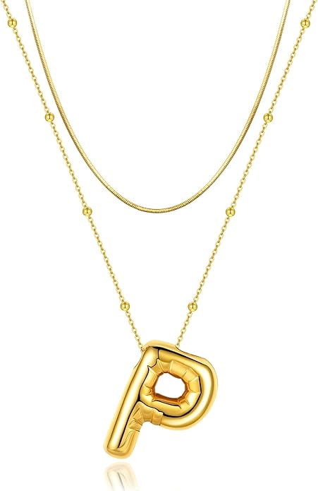 LUCA SMITH Initial Necklaces for Women, Dainty Balloon Bubble Letter, Name Letter Alphabet Pendant Layered Choker Chain Jewelry Gift