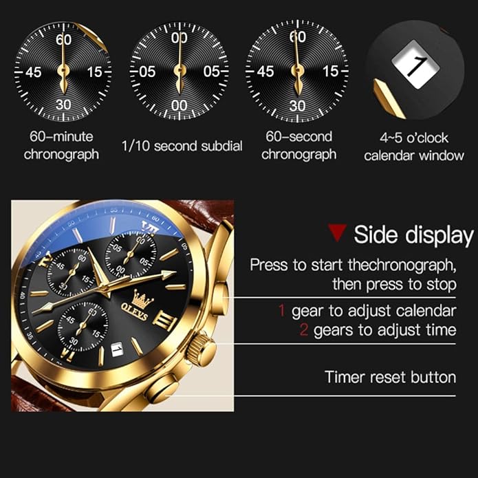 OLEVS Men's Watches Brown Leather with Date,Casual Watches for Men,Large Face Watches Men,Chronograph Mens Watch,Sport Waterproof Business Dress Analog Quartz Men's Wrist Watches Reloj De Hombre