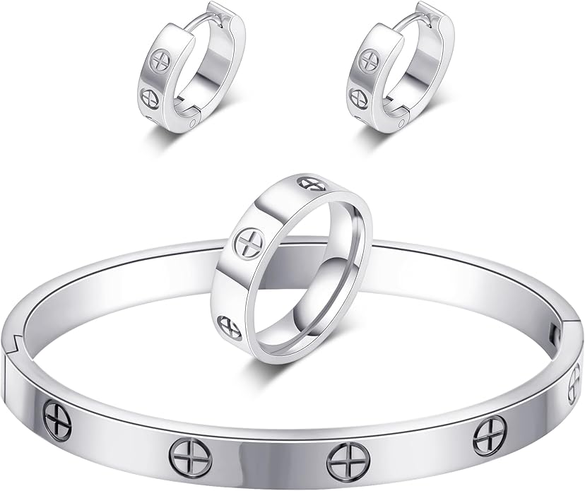 3 Pcs Hoop Earrings Bracelets Ring Sets for Women-18K Gold Plated Love Bracelet Cubic Zirconia Cuff Bangle Hoop Earrings Friendship Love Ring Jewelry Set,Wedding Party Christmas Valentine's Day Birthday Gifts for Her Girlfriend Sister Daughter