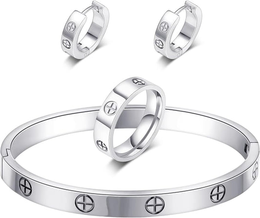 3 Pcs Hoop Earrings Bracelets Ring Sets for Women-18K Gold Plated Love Bracelet Cubic Zirconia Cuff Bangle Hoop Earrings Friendship Love Ring Jewelry Set,Wedding Party Christmas Valentine's Day Birthday Gifts for Her Girlfriend Sister Daughter