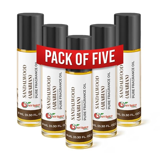NY Spice Shop Arabian Sandalwood Fragrance – Pack of 5 Sandalwood Oil Perfume & Unisex Scent – Oriental Musk Aroma with Warm Wood Accord –Traditional Arabian