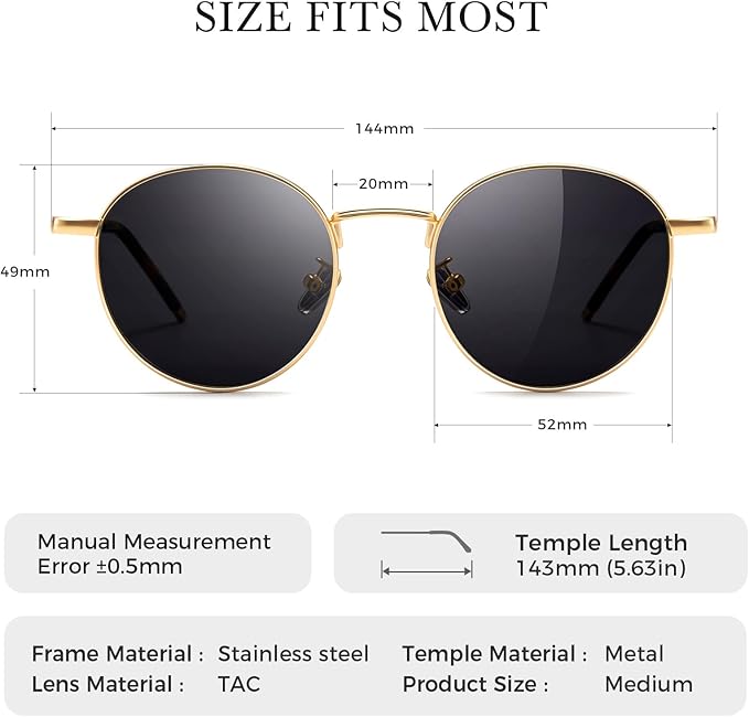 SUNGAIT Ponderable Metal Round Sunglasses for Men Women Classic Vintage Polarized Circle Sun Glasses