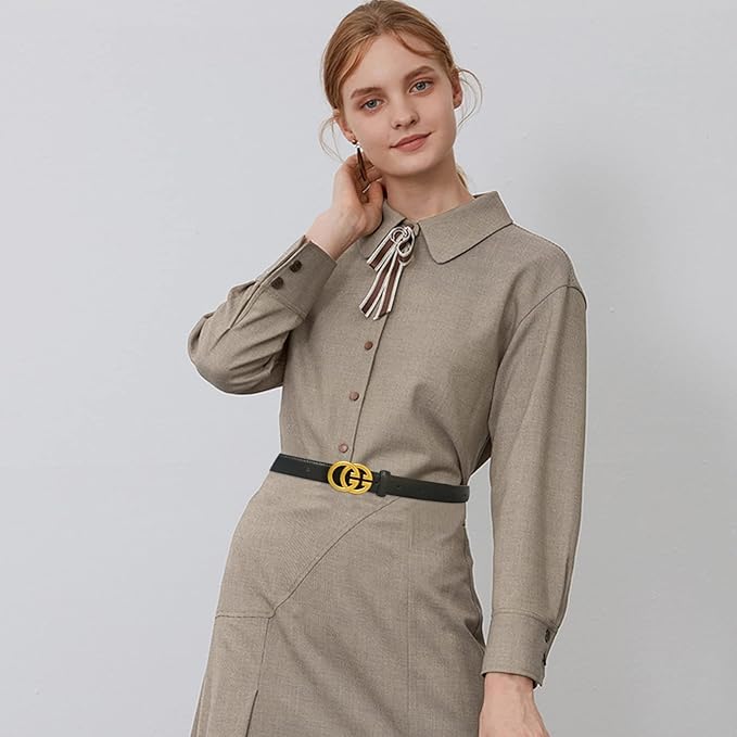 Women's Fashion Classic Metal Buckle Leather Belt with Jeans Dress