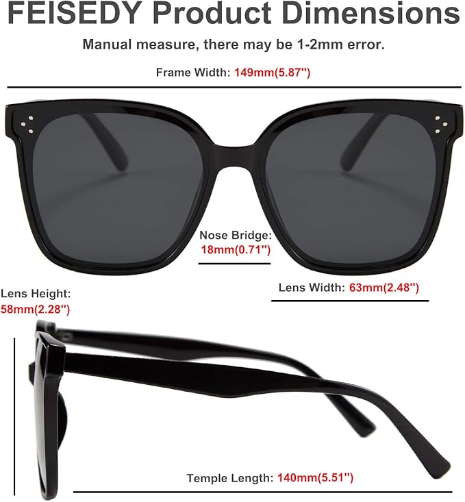 FEISEDY Oversized Polarized Sunglasses - UV400 Protection, Square Fashion Sun Glasses for Outdoor & Daily B2600