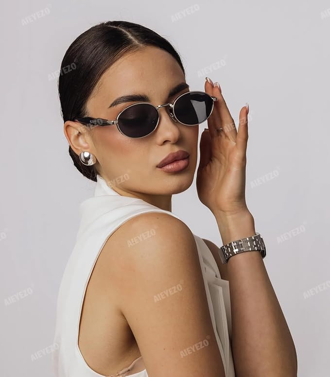 AIEYEZO Retro Oval Sunglasses for Women Men Trendy Fashion Round Sun Glasses Oval Metal Framed Shades