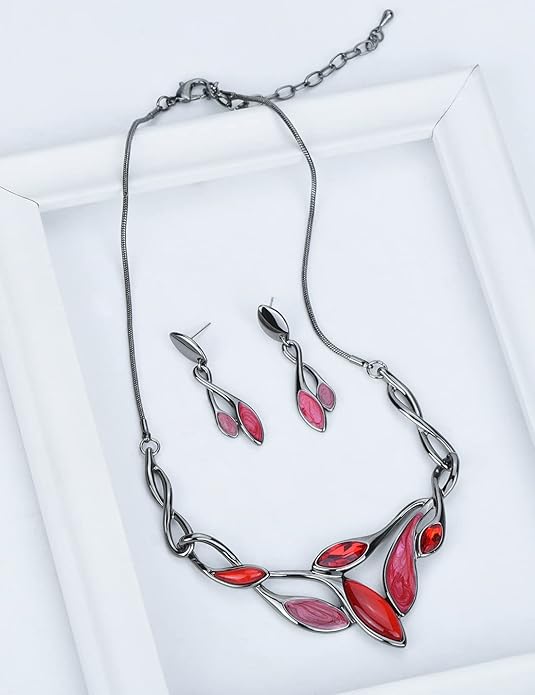 Vintage Statement Jewelry Set Leaf Floral Bohemian Boho Statement Necklace Earring Set Crystal Fashion Costume Jewelry