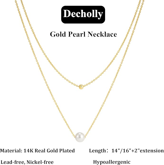 Valentines Day Gifts for Her - 14K Gold Plated Pearl Necklaces for Women Trendy Dainty Necklace Simple Layered Pearl Necklaces for Women Trendy Wedding Birthday Valentines Jewelry