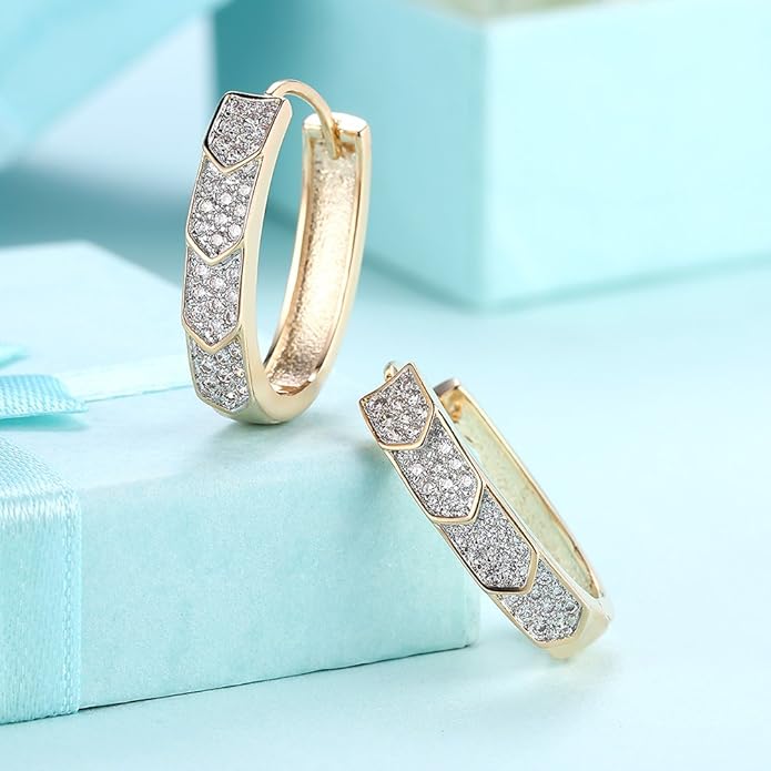 14K Gold Plated Cubic Zirconia Hoop Earrings,Three Row Diamon | Arrows | Double Row of Diamonds Huggie Earrings for Women