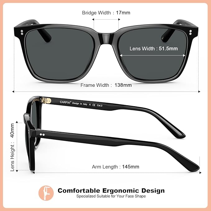 CARFIA Polarized Sunglasses for Women: Acetate, Small/Medium Size, UV400 Anti Glare CA5354