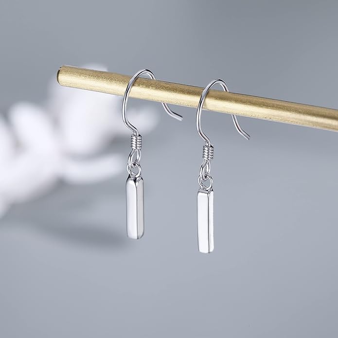 SLUYNZ 925 Sterling Silver Small Vertical Bar Drop Earrings for Women Teen Girls Minimalist Bar Drop Earrings (Silver)