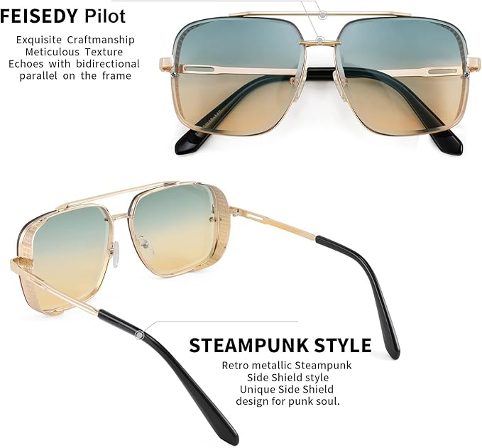 FEISEDY Sunglasses Mens Women Vintage Pilot Square Trendy Metal Steampunk Fishing Driving Sun Glasses B2894