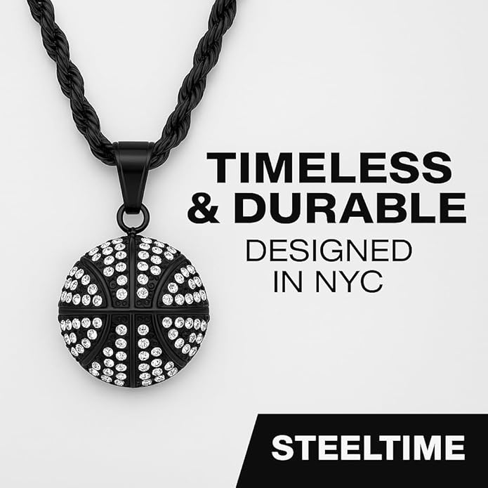 Basketball Necklace - 18K Plated Basketball Chain with Hoop for Men, Women, Teens - Gold, Silver & Black Color Options - Stainless Steel Sports Pendant with Simulated Diamond CZ Stones