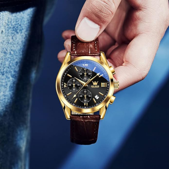 OLEVS Men's Casual Leather Watch, Big Face Chronograph Watch for Men, Fashion Easy to Read Dress Watch, Men's Waterproof Luminous Date Analog Watch, Gold/Black/White/Blue Dial