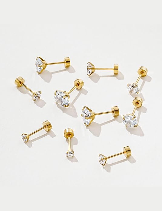 Kainier Women's 14K Gold Plated CZ Stud Earrings Simulated Diamond Round Cubic Zirconia Ear Stud Set（5 Pairs)…