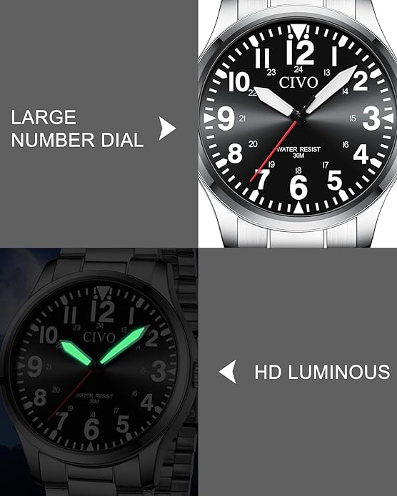 CIVO Analog Wrist Watches for Men: Waterproof Stainless Steel Mens Watches - Silver Watch with Easy Read Dial Men's Watch for Gift