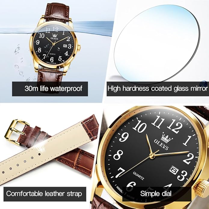 OLEVS Mens Watches Vintage Leather Band Dress Classic Easy Reader Arabic Numerals Analog Quartz Waterproof Date and Day Blue/Black/White Large Face Men's Wrist Watches