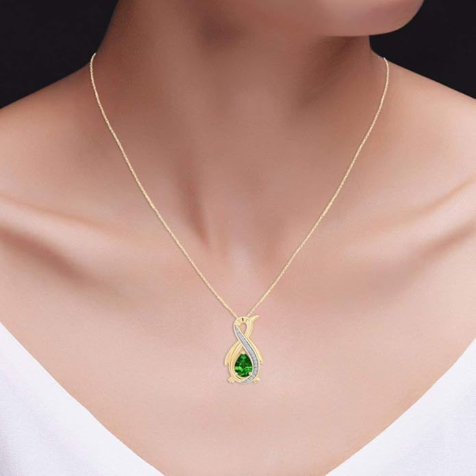 Infinity Penguin Pendant Necklace for Women, 14K Gold Over Sterling Silver with Pear & Round Cut Simulated Birthstone & White Diamond Accents, Dainty Animal Jewelry Gift with 18" Chain
