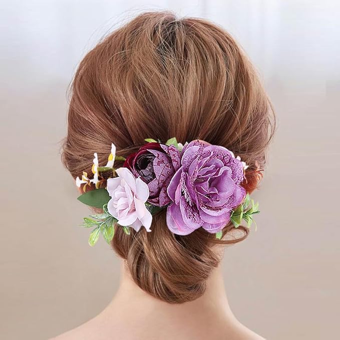 Flower Hair Clip for Women - Elegant Hair Accessory for Wedding, Party & Daily Wear (Purple 2)